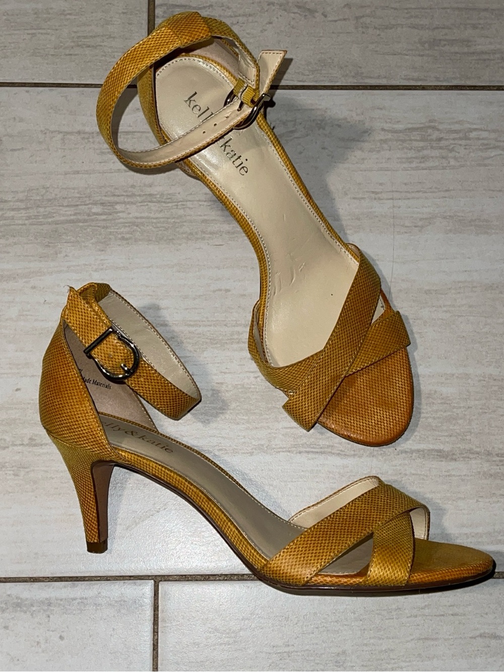 Kelly & Katie Textured Mustard Ankle-Strap Kitten Heels